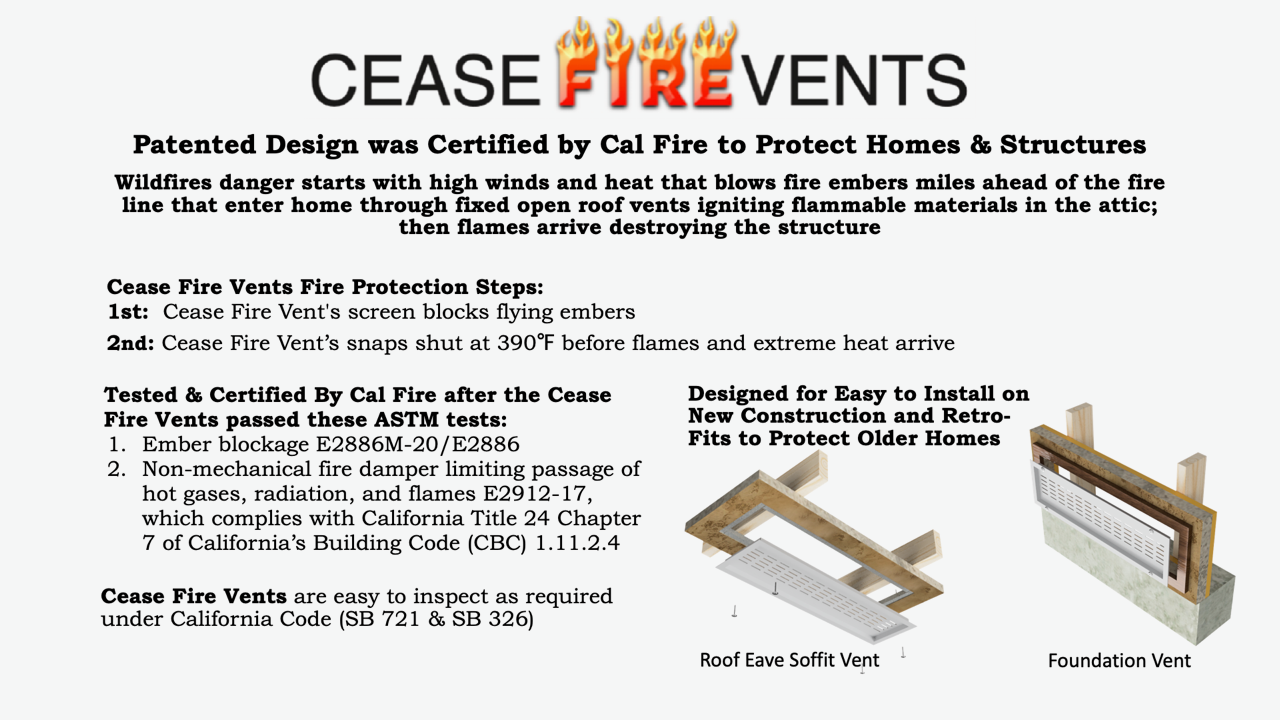 Metal-X's patented Cease Fire Vents roof save vent blocks fire embers, heat and smoke from entering the house roof